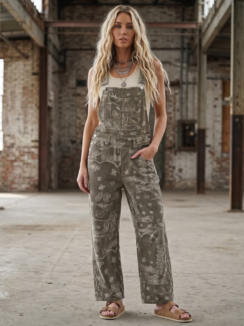 Eesome Paisley Bandana Print Boho Mineral Washed Overalls Jumpsuit